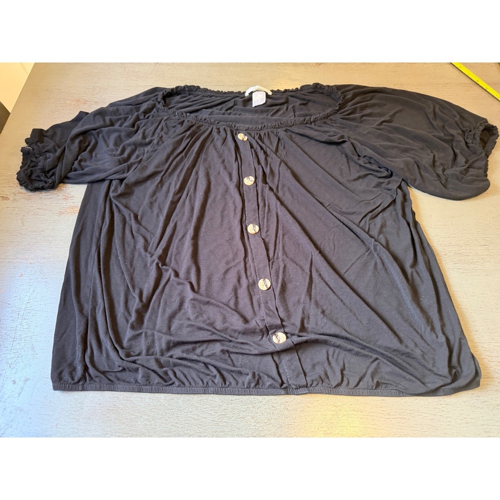 Lascana for Venus Black Off Shoulder Blouson Blouse Top Plus Size 1X Button Up